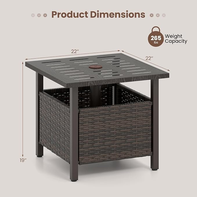 Tangkula Outdoor Side Table with 1.93" Umbrella Hole, All-Weather PE Wicker Patio Umbrella Table with Rustproof Frame for Garden, Deck and Poolside