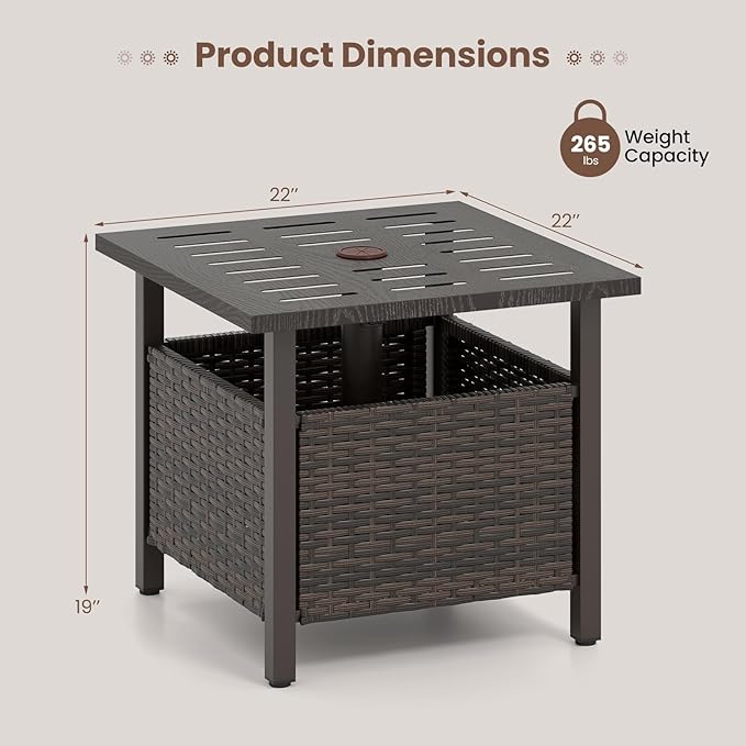 RELAX4LIFE Wicker Outdoor Side Table - Rattan Square Patio End Table with 1.93” Umbrella Hole & Rustproof Frame, Outside Umbrella Stand for Garden Deck Porch Balcony Poolside Backyard