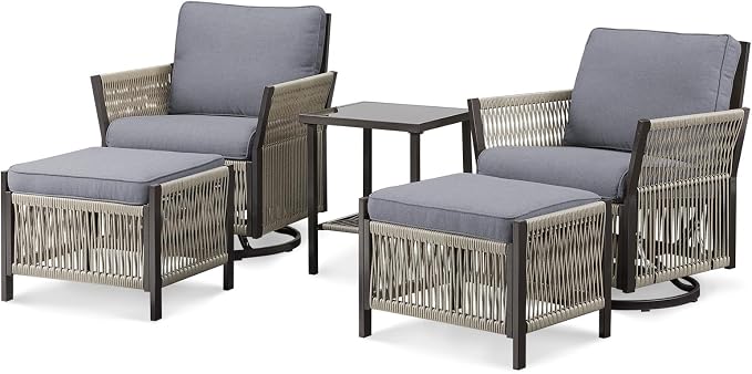 Patio Furniture Set Outdoor/Indoor, Wicker Patio Sofa, 5pcs Furniture Set with Swivel Rocker Chairs, Side Table, and Ottomans for Backyard, Garden, Poolside(Grey)