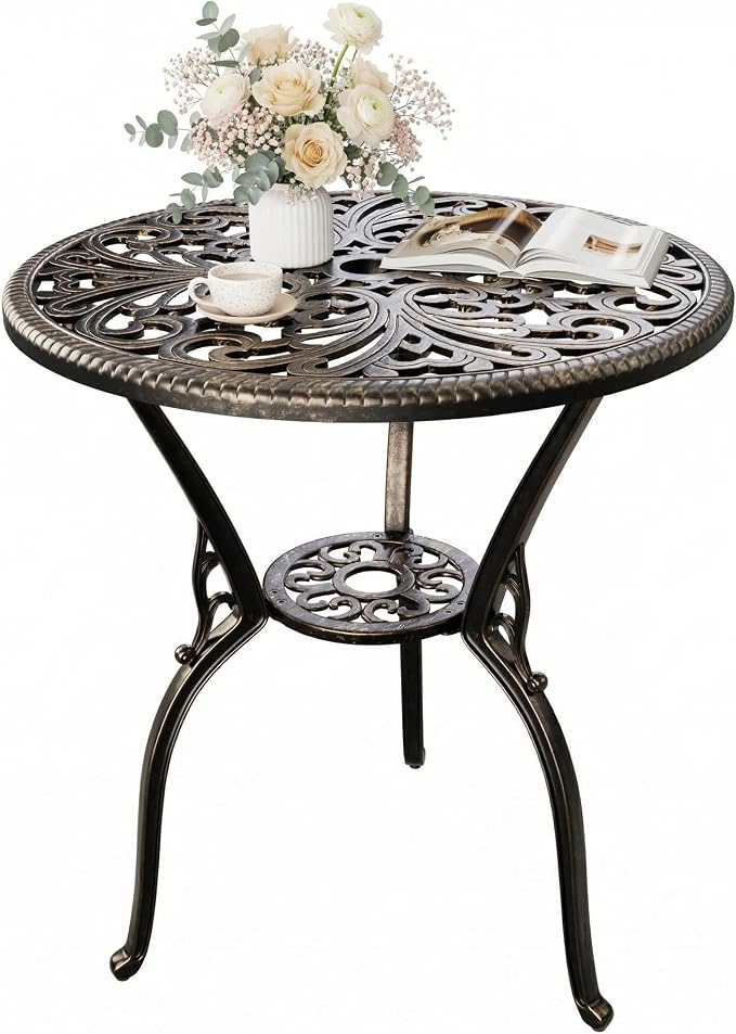 IDEALHOUSE Patio 23''Cast Aluminum Side Table with Umbrella Hole,Outdoor Small Coffee Tables,Anti-Rust Bistro Table,Round End Table,Outdoor Furniture for Indoor,Patio,Garden,Porch,Balcony,Retro Bronze