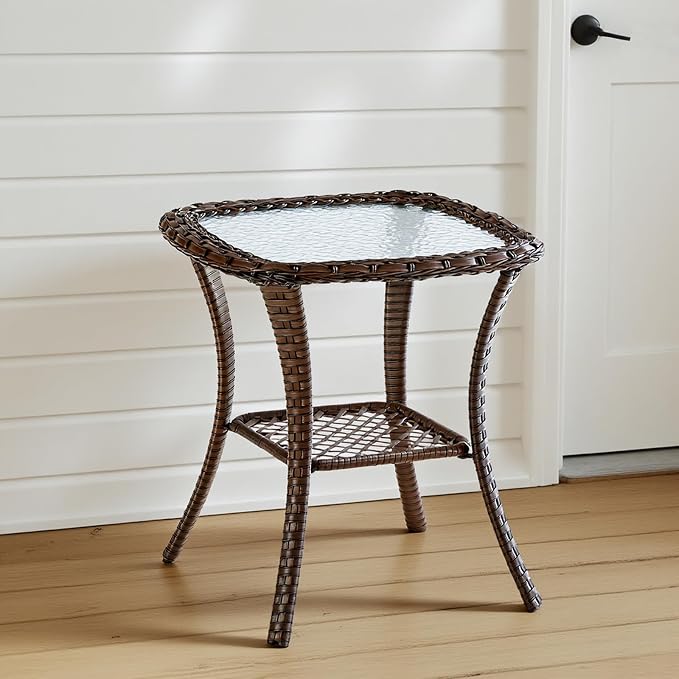 Outdoor Side Table, Brown Rattan Wicker Patio Side Table, Patio End Table, Small Outdoor Side Table with Glass Tabletop and Storage Shelf (Brown)