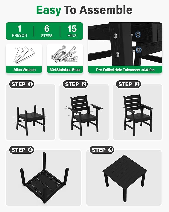YEFU Patio Dining Sets 8-Piece: All-Weather Outdoor Table and Chairs with Aluminum Frame - Easy Assembly Patio Dining Set for 6 Modern Wood Grain HIPS Furniture for Family in Outside/Deck/Pool Black