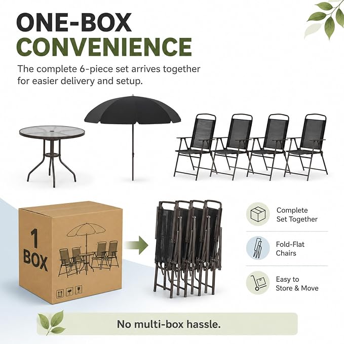6-Piece Patio Dining Set for 4 with Umbrella, Outdoor Table and Chairs Set with 4 Folding Chairs, Round 31.5" Tempered Glass Table for Garden Backyard Poolside (Black)