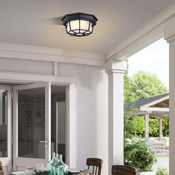 8.5 inch Black LED Ceiling Lights Set Of 2, Octagonal Black LED Outdoor Light 2700K 3000K 3500K 4000K 5000K Mid-Century Modern Ceiling Lights for Front Door,Aluminum Alloy,Glass,14W,120V,750lm-1000Lm