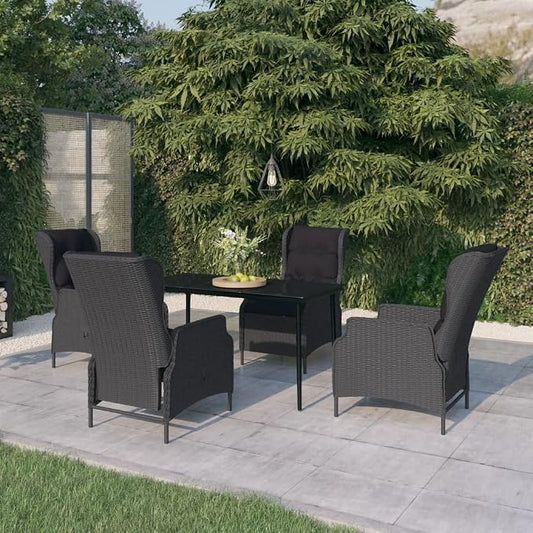 5 Piece Patio Dining Set Dark Gray with Reclining Chairs, Outdoor PE Rattan Wicker Dining Table Set for 4, Modern Garden Furniture with Thick Cushions and Glass Tabletop for Backyard Deck Patio