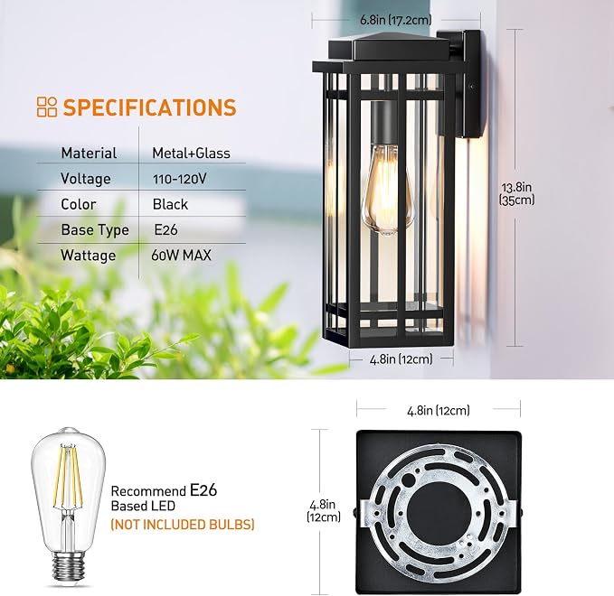 13.8'' Outdoor Wall Light Fixtures 2 Packs, Black Porch Lights | Outdoor Lights for House, Exterior Lighting Fixtures Wall Lanterns, Waterproof Modern Outside Sconce for Garage(No Sensor)
