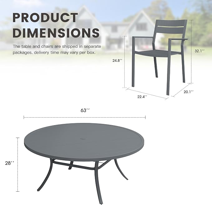 Patio Dining Set for 10, Round 63" Outdoor Dining Table and Chairs Set with Stackable Patio Chairs Outdoor Furniture for Garden Deck Backyard, Dark Grey Table and Grey Chairs