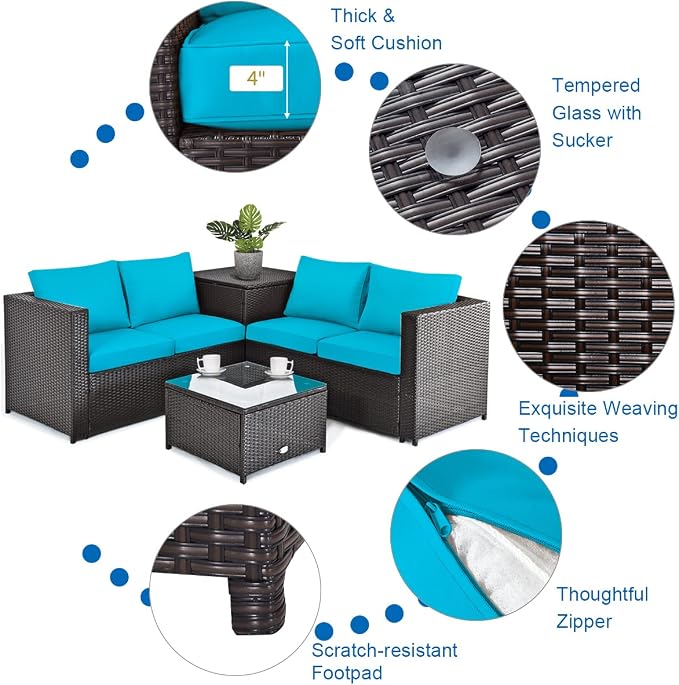 Tangkula 8 Piece Wicker Patio Set with Storage, All Weather-Proof Outdoor Conversation Set with Loveseat, Glass Top Coffee Table & Storage Box, Suitable for Garden, Poolside, Sunroom (2, Turquoise)