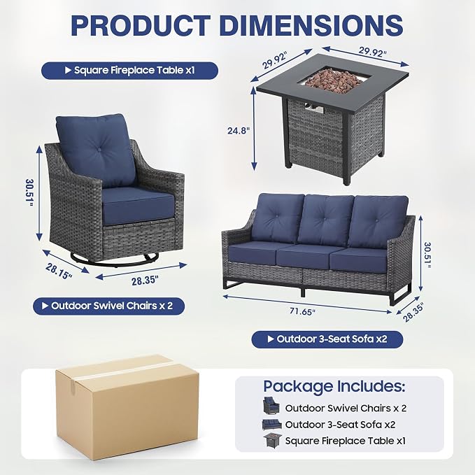 5 Piece Patio Furniture Set With Fire Pit Table,360°Swivel Glider Patio Chairs Set of 2,Cozy 60,000 BTU Square Fire Pit Table,2 Sofas,All-Weather Wicker Outdoor Patio Set With 6 Inch Thick Cushions