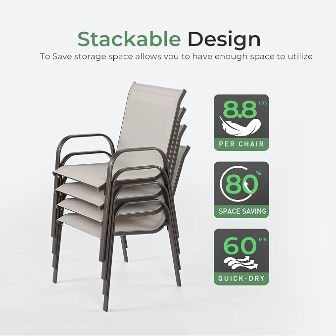 Outdoor Dining Set for 8, Patio Dining Set with Textilene Dining Chairs, Metal Dining Table with Umbrella Hole, Stackable Outdoor Chairs for Garden, Patio, Poolside and Backyard, Grey