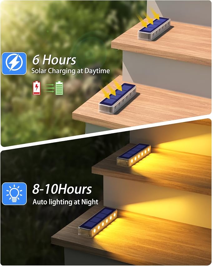 DetarZinLED Solar Step Lights for Outside,6 Pack Solar Stair Lights Outdoor Waterproof,Warm White Deck Light Solar Powered Waterproof for Steps,Stairs,Walkway,Sidewalk,Patio,Pathway
