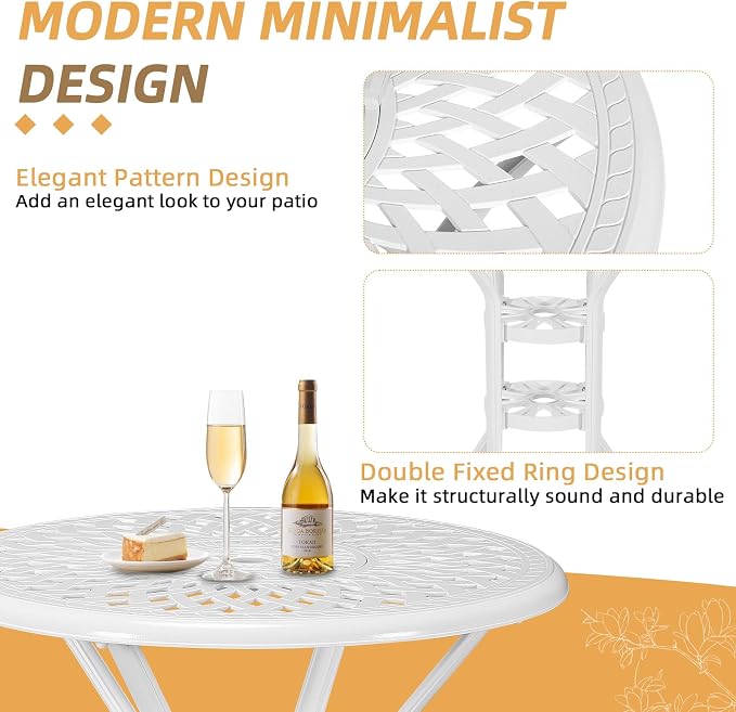 Cast Aluminum Patio Bar Table, 31" Outdoor Bar Height Bistro Table with 2" Umbrella Hole, Patio Bistro Round High Top Dining Table Pub Table for Porch Balcony Backyard, White