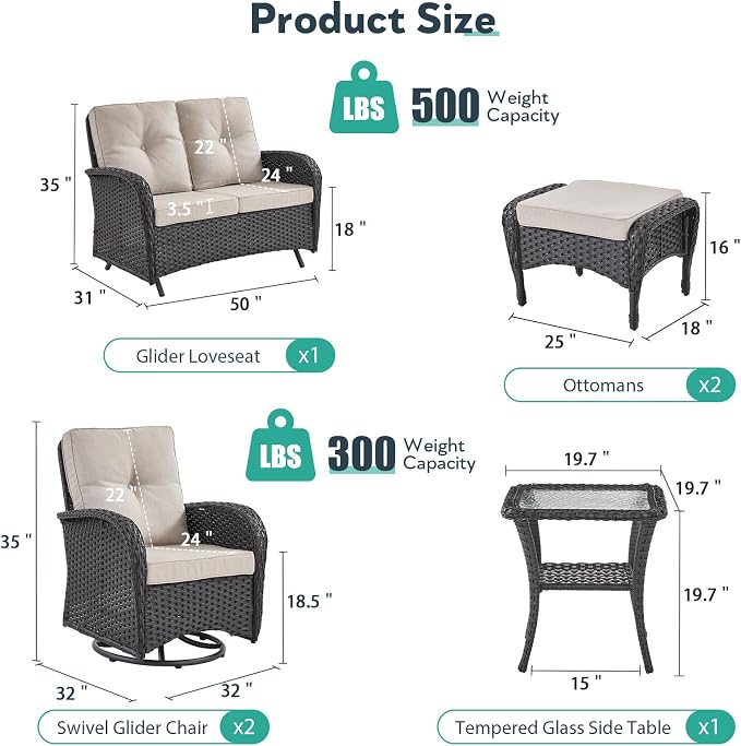 5 Piece Patio Furniture Set - Wicker Patio Conversation Set with Swivel Glider, Glider Loveseat, Tempered Glass Side Table and Coffee Table for Deck Backyard - Black Wicker Beige Cushion