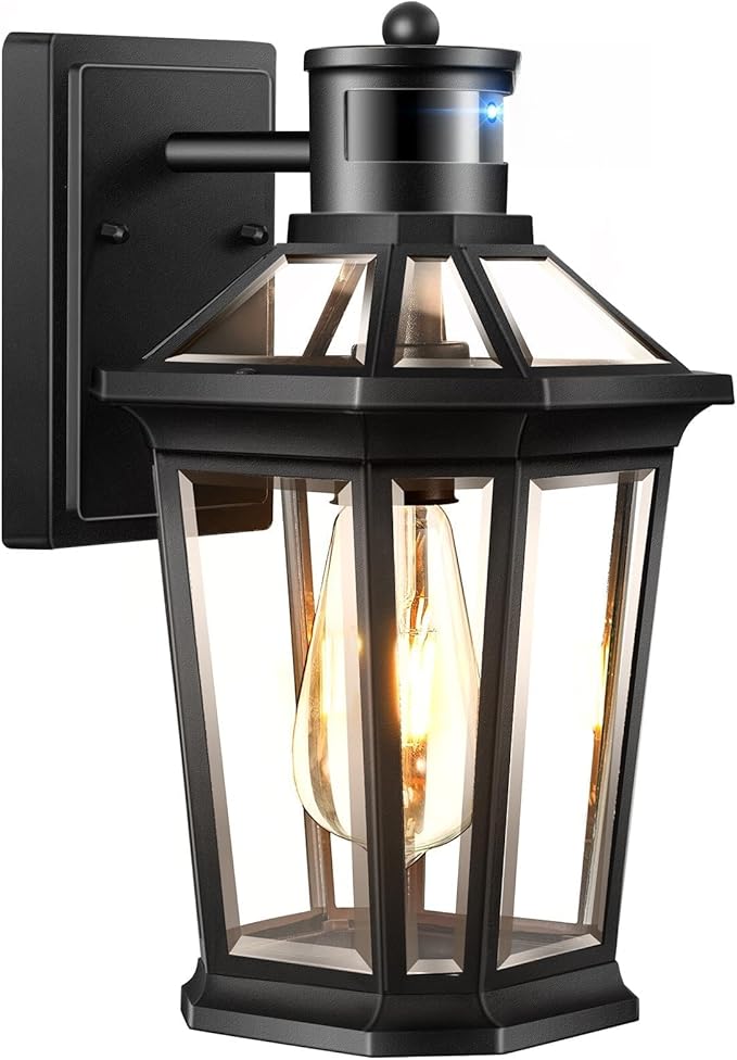 VIANIS Motion Sensor Outdoor Lighting, Outdoor Wall Lights Wall Mount with Clear Glass, Black Dusk to Dawn Garage Light Sconce, Waterproof Exterior Lights for House, Brightness Distance Adjustable