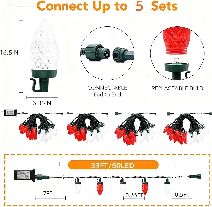 C9 LED Christmas Lights Outdoor,33 Feet 50 LED 8 Lighting Modes Waterproof Connectable Christmas String Lights for Outside Roofline Patio Home Xmas Decorations (Red & White)