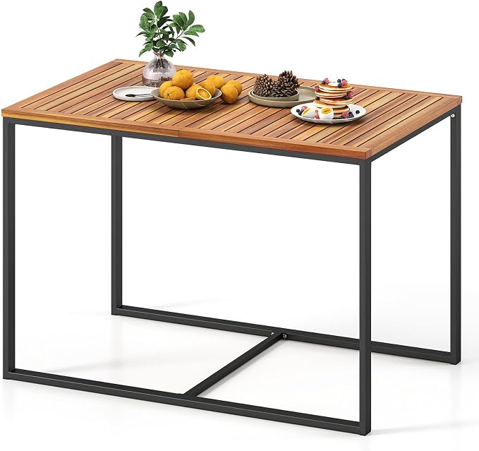 Tangkula Acacia Wood Patio Dining Table, 4-Person Rectangular Outdoor Dining Table with Metal Frame, Outdoor Patio Table for Porch, Garden, Deck, Lawn and Backyard
