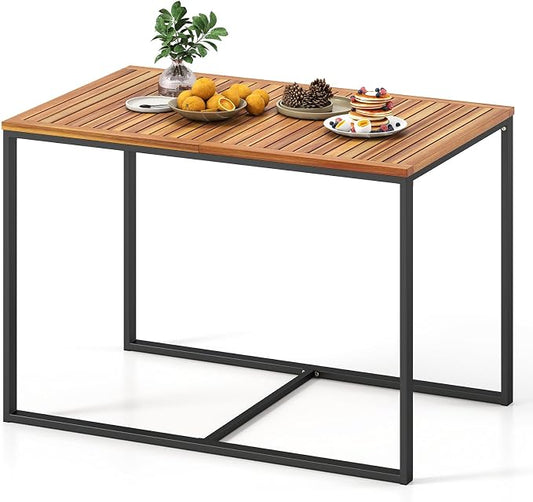 Tangkula Acacia Wood Patio Dining Table, 4-Person Rectangular Outdoor Dining Table with Metal Frame, Outdoor Patio Table for Porch, Garden, Deck, Lawn and Backyard