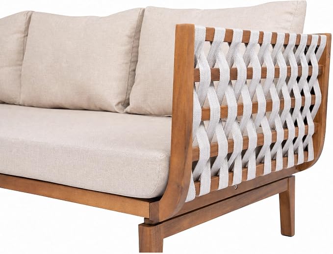 Christopher Knight Home Gwen 4 Piece Acacia Wood Patio Conversation Set with Sofa, Coffee Table, Ottoman and Club Chair, Patio Sofa Set with Cushions, Outdoor Patio Furniture Set for 5, Teak+Beige