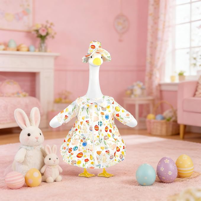 Easter Porch Goose Outfits, Bunny Goose Clothes Fits 17-23 In Statue | Spring Cute Goose Outfit Costume with Hat for Outdoor Garden Patio Yard Lawn Party Plastic Cement Decoration