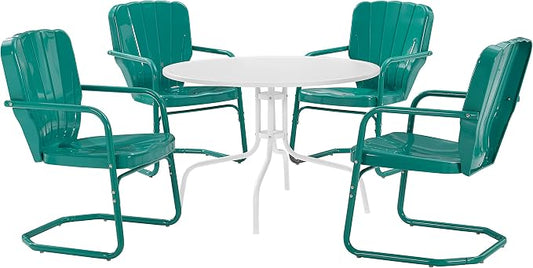 Crosley Furniture Ridgeland 5-Piece Outdoor Dining Set for 4, Retro Metal Round Patio Table and Chairs, Turquoise Gloss