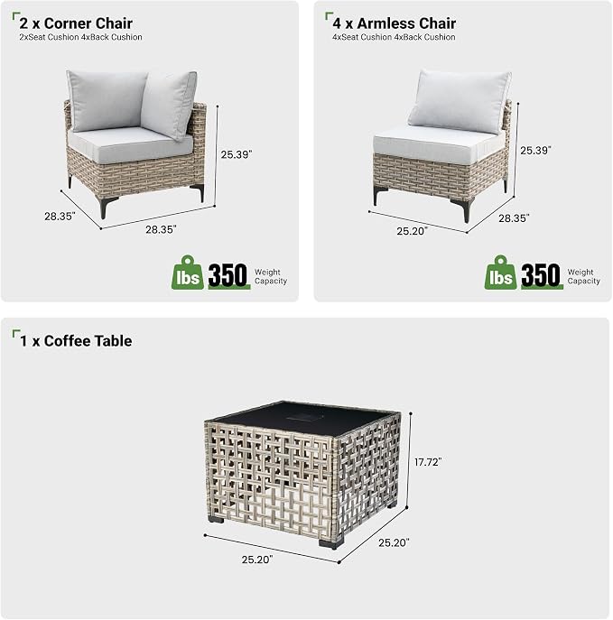 7 Piece Outdoor Patio Furniture with Glowing Coffee Table, Rattan Wicker Conversation Set with Sofa, Sectional Single Chairs for Outside Porch Balcony Backyard Pool,Light Grey
