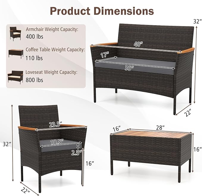Tangkula 4 Pieces Patio Wicker Sofa Set, 2 Rattan Chairs & Loveseat w/Coffee Table, Acacia Wood Armrests & Tabletop, Outdoor Cushioned Conversation Set for Backyard, Poolside (Gray, 4 Pieces)