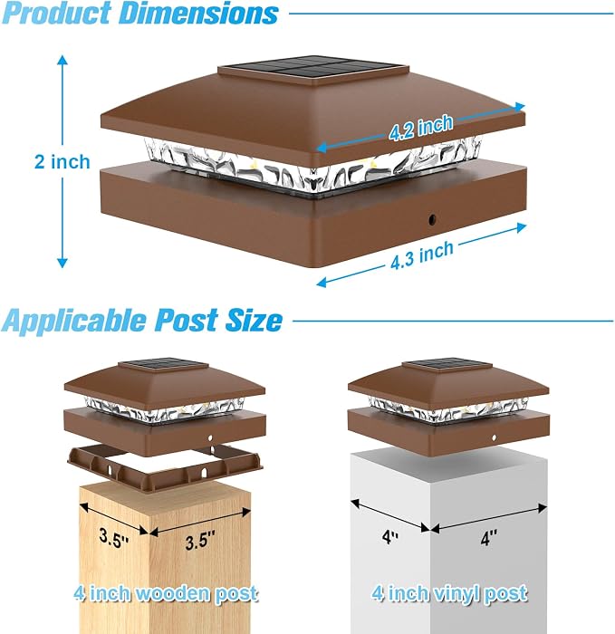 VOLISUN 4x4 Solar Post Cap Light 16pack,Solar Fence - Post Lights Brown Outdoor Waterproof for Wooden/Vinyl Post, with Warm White for Deck