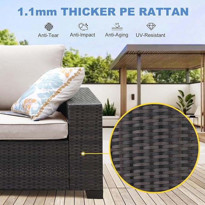 Patio Furniture Set, 10 Pieces Outdoor Couch Sofa with Wider Armrests & Glass Coffee Table, Outdoor Sectional Furniture with Thick Cushions for Party, Poolside,Garden-Beige