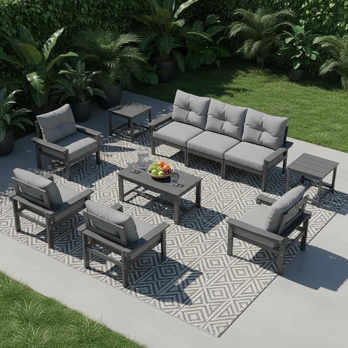 HDPE 7 Piece Patio Furniture Set, All-Weather Outdoor Couch Set with Thick Cushions & Coffee Table & Side Table, Patio Conversation Sets for Lawn, Garden, Balcony, Porch, Deck, Grey & Grey
