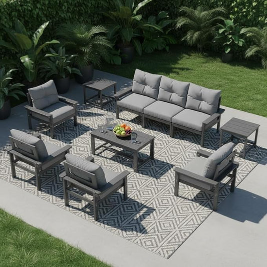 HDPE 7 Piece Patio Furniture Set, All-Weather Outdoor Couch Set with Thick Cushions & Coffee Table & Side Table, Patio Conversation Sets for Lawn, Garden, Balcony, Porch, Deck, Grey & Grey