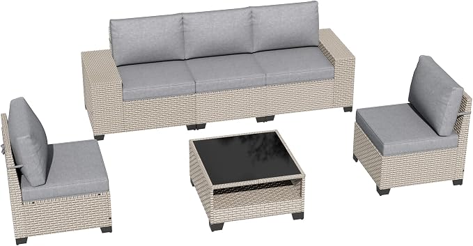 6-Piece Outdoor Patio Furniture Set, Modular Sectional Sofa Set with Glass Coffee Table and Cushions, Wicker Outdoor Couch Conversation Sets, Gray