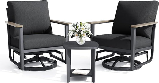Aluminum Swivel Rocking Chairs, 3-Piece Outdoor Patio Furniture Set with Side Table, Rust-Proof Metal Gliders with Wood-Like Armrests & 5.1" Thick Cushions for Backyard, Porch, Black