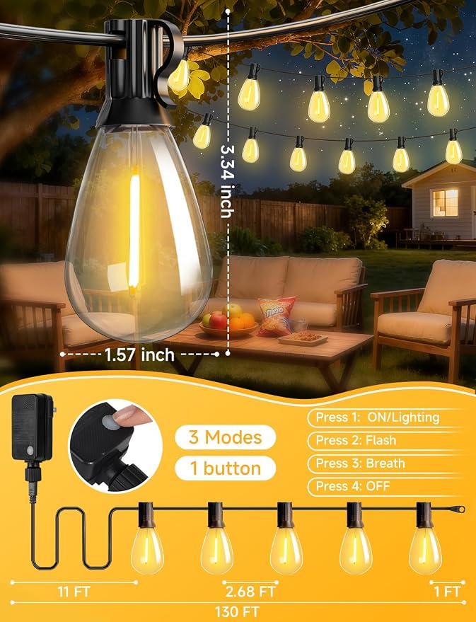Likesky 100FT LED Outdoor String Lighats with Remote Waterproof Patio Lights with Shatterproof S11 Bulbs, Dimmable Outside Hanging Light Connectable for Porch Backyard Yard Garden Decor 2700K