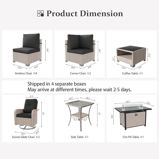 11 Pieces Patio Furniture Set with Fire Pit Table, Outdoor Sectional Wicker Sofa with Thick Cushions, High Back Swivel Rocker Patio Chairs, Rattan Conversation Set with Coffee Table, Black