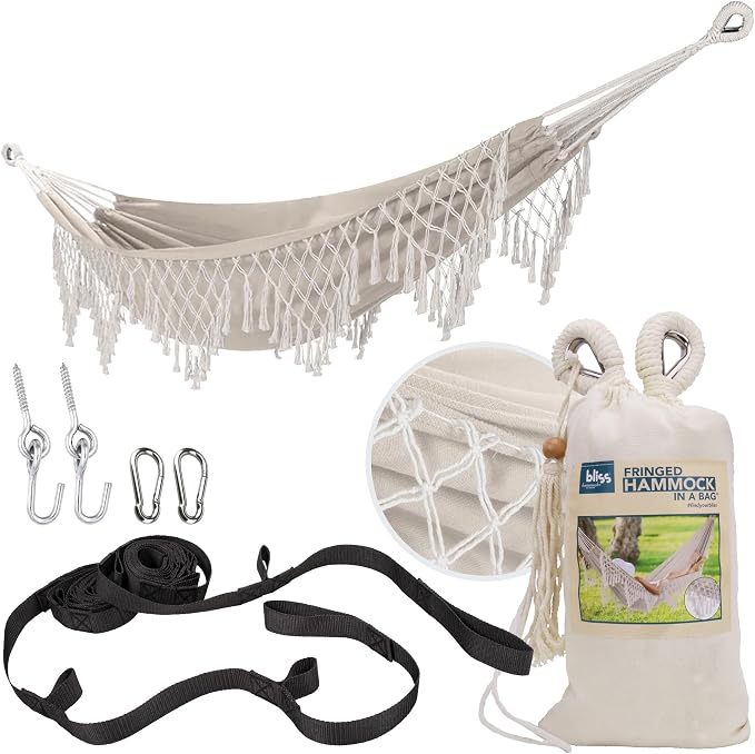 Bliss Hammocks BH-400FR Hammock in a Bag with Fringe, Cotton, Portable, Supports up to 250-Pounds for Camping, Hiking and Outdoors, Natural