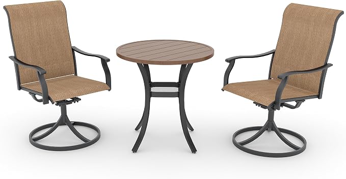 Anmutig Outdoor Patio Bistro Dining Set with 2 Swivel Dining Chairs & 1 Round Dining Table, All Weather Dining Furniture Set for Lawn Garden Brown