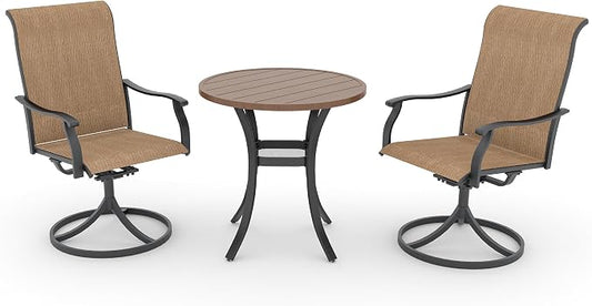 Anmutig Outdoor Patio Bistro Dining Set with 2 Swivel Dining Chairs & 1 Round Dining Table, All Weather Dining Furniture Set for Lawn Garden Brown
