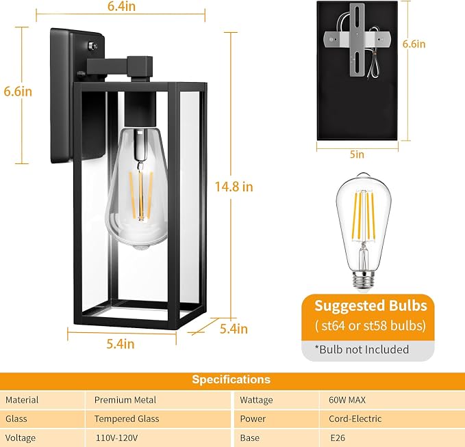 15'' Dusk to Dawn Outdoor Porch Lighting Fixtures Wall Mount, Sensor Exterior Wall Light for House, Ouside Lantern Lamp, Waterproof Wall Sconce Lights, Black Metal Coach Light for Garage Entryway