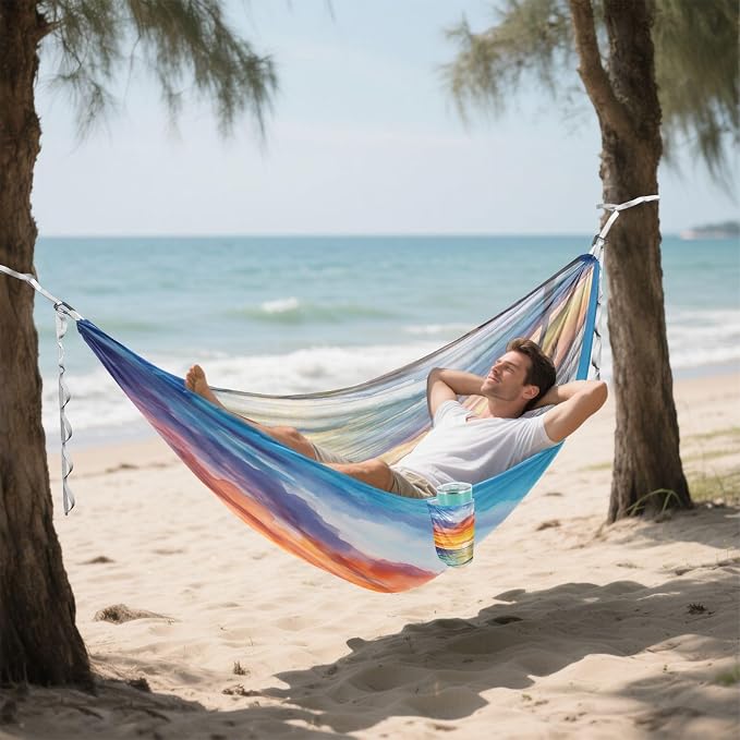 Qilmy Sunset Camping Hammock Single – 330 lbs Capacity, Lightweight with Tree Straps & Carabiners, Portable for Hiking, Travel, Backpacking