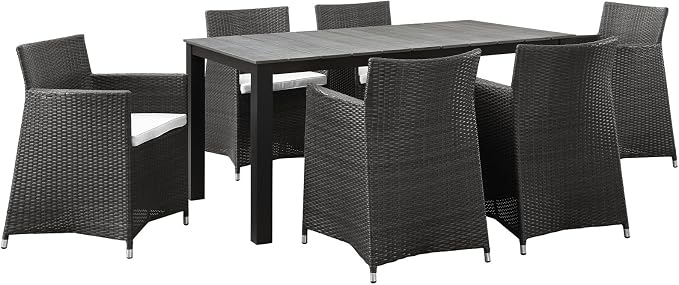 Modway Junction Wicker Rattan 7-Piece Outdoor Patio Dining Set with 63" Dining Table and Six Dining Armchairs with Cushions in Brown White