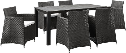 Modway Junction Wicker Rattan 7-Piece Outdoor Patio Dining Set with 63" Dining Table and Six Dining Armchairs with Cushions in Brown White