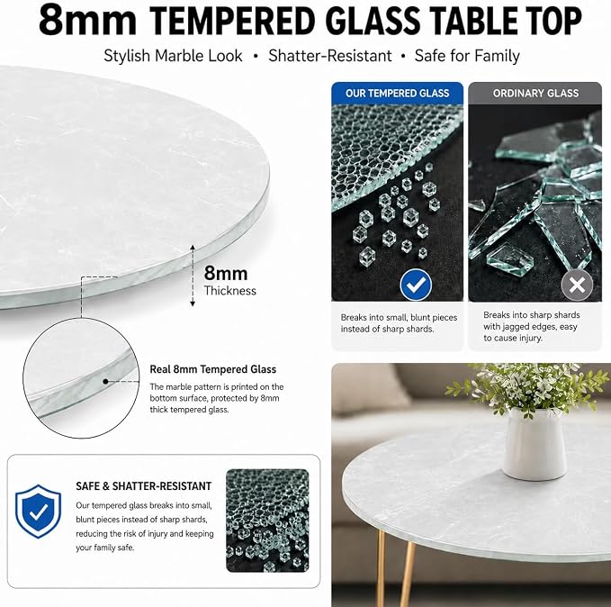 36" Round Tempered Glass Table Top, 5/16" (8mm) Thick, Marble Pattern Replacement, Heavy-Duty, Heat & Scratch Resistant for Coffee, Dining & Patio Tables, Gray
