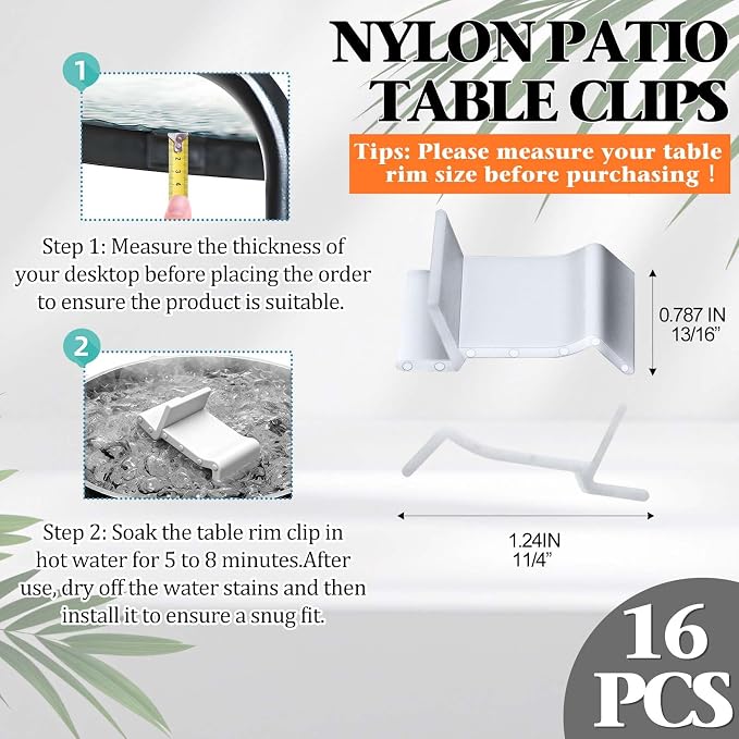 Wenfan 16 Pcs Table Rim Clips 1.24"x0.787" - 1 1/4" x 13/16"- Nylon Patio Table Clips for Glass and Acrylic Table Tops White Patio Furniture Clips - Help Support Tabletops in Rim