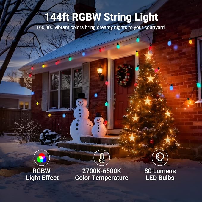 NEEWER 144ft Outdoor String Lights, App Control Smart AI RGB IC W Patio Balcony Backyard Outside Hanging Lighting, IP65 Waterproof, 45 LED Bulbs, 50+ Scenes, Compatible with Alexa Google, NR01