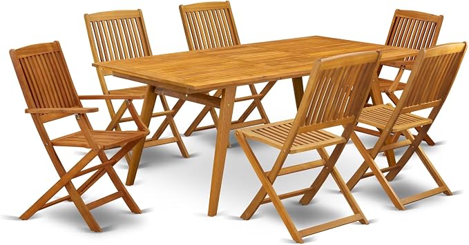 East West Furniture DECM72CANA 7 Piece Patio Dining Set Consist of a Rectangle Outdoor Acacia Wood Table and 2 Folding Arm Chairs with 4 Side Chairs, 40x72 Inch, Natural Oil