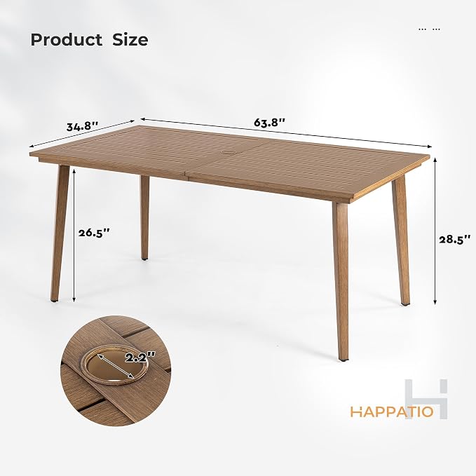 HAPPATIO Outdoor Dining Table for 6, Rectangular Aluminum Patio Table with Umbrella Hole, 6-Person Rustproof Wood-Like Table for Lawn Garden Backyard
