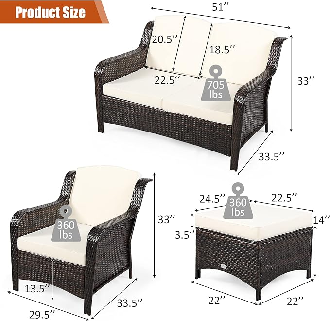 COSTWAY 5PCS Patio Wicker Rattan Furniture Set, Loveseat Sofa with Ottomans and Cushioned Chairs, Conversation Sets for Outdoor Garden Backyard