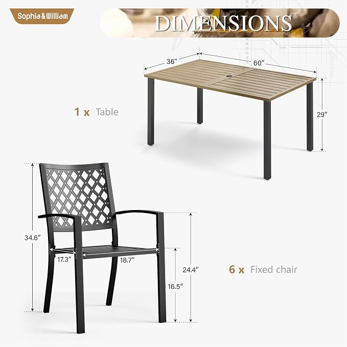 Sophia & William Patio Table and Chairs Set, Outdoor Dining Set for 6, 7 Piece Metal Patio Furniture, 60" Rectangular Table with Wood-Like Tabletop(Diamond)