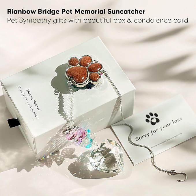 Pet Memorial Suncatcher - Dog Memorial Gifts, Pet Loss Sympathy, Thoughtful Dogs and Cats Condolence Bereavement Remembrance Gifts, Chrysoberyl Cat's Eye Stone Paw Crystal Suncatcher