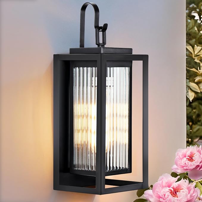 Outdoor Wall Lights for House Exterior, 18 Inch Large Black Modern Lantern with Dual Metal Frame & Textured Glass, IP65 Waterproof (Bulbs Included)